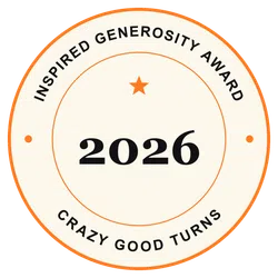 Image for 2026 Inspired Generosity Award badge with orange star and circular text on cream background