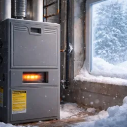 Furnace heater operating in a snowy basement with a window view of snow-covered trees outside.
