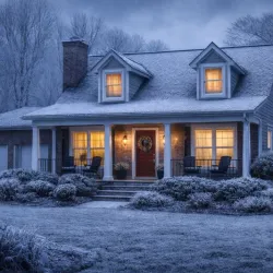 Cozy house with warm lights, snow-covered yard, frosted trees, and a wreath on the front door at dusk.