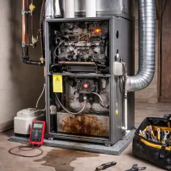 Technician repairing an open furnace with sparks flying, tools and a multimeter nearby in a basement.