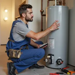 A technician inspects a water heater, using a tablet to perform maintenance in a modern home.