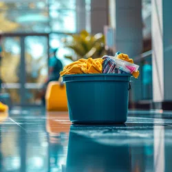 Blue cleaning bucket with yellow cloths and supplies on shiny floor with janitors cleaning in background.