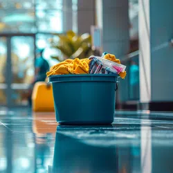 Blue bucket filled with cleaning supplies in focus with janitors mopping a shiny floor in background