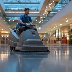 Man operating an industrial floor cleaning machine in a bright shopping mall corridor with stores on both sides.