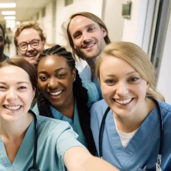 Diverse group of smiling healthcare professionals in scrubs taking a group selfie in hospital hallway.