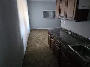 Narrow kitchen with dark granite countertop, wooden cabinets, stainless steel sink, and patterned floor tiles.