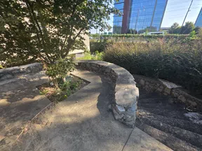 Curved stone bench and stairs surrounded by greenery and a modern glass building under blue sky.
