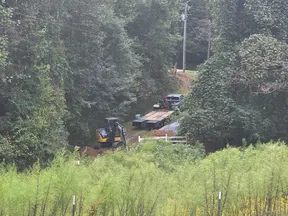 Construction site with excavator and flatbed truck in a forested area surrounded by dense green foliage.