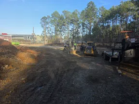 Construction site with earthmoving machinery, dirt road, piles of soil, and tall pine trees under clear sky.