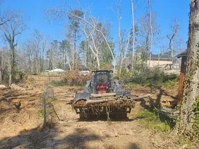 Bulldozer clearing land by lifting tree branches on a sunny day in a residential backyard with bare trees.