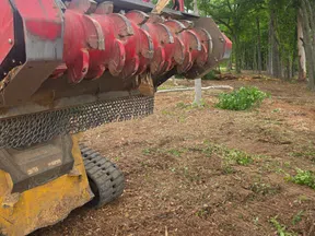Close-up of a red forestry mulcher machine clearing brush and debris in a wooded area with trees.