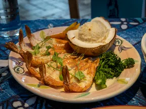 Grilled shrimp served with broccolini, baby carrots, and coconut rice on a floral ceramic plate.