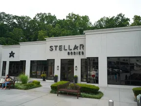 Modern white commercial building with Stellar Bodies signage, large windows, benches, greenery, and a person sitting outside.