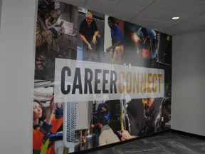 Wall mural featuring the words Career Connect with images of diverse professionals in various trades and careers.