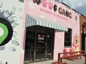 Entrance of Woof Gang Bakery & Grooming with pink mural, striped awning, and dog illustration on brick wall.