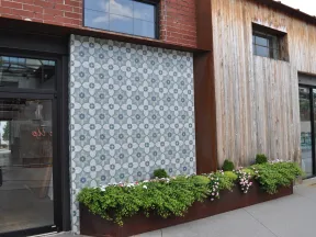 Exterior building wall with patterned tile feature, planter box with greenery and flowers, black door, and wooden siding.