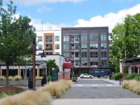 Modern urban plaza with shops, greenery, paved walkway, and multi-story residential buildings under blue sky