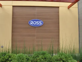 Ross store sign mounted on wooden panel wall with surrounding beige walls and greenery below the sign