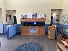 School lobby with large aquarium, welcome sign, children's artwork, bookshelves, and autumn decorations including pumpkins.