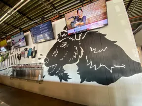 Interior of brewery with large black bison mural, multiple beer taps, TV screens, and merchandise on display.