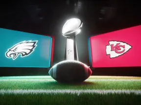 Super Bowl trophy with Eagles and Chiefs logos on screens, showcasing a football theme.