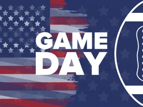 American flag background with bold text