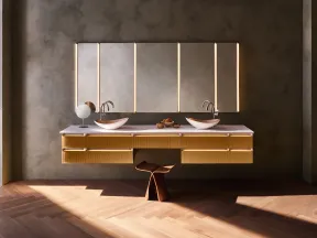 Modern bathroom with double vessel sinks, floating wooden vanity, vertical LED mirror lights, and wooden stool