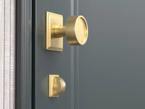 Elegant gold door knob and lock set on a dark gray paneled door with a textured curtain edge visible.