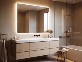 Minimalist bathroom with wooden vanity, backlit mirror, glass shower enclosure, and neutral decor accents.