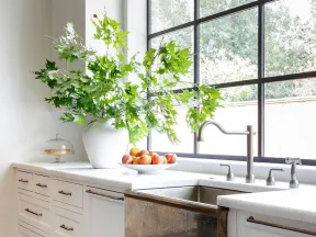 Bright white kitchen with large arched window, rustic farmhouse sink, green leafy plant, and bowl of fruit on the counter.