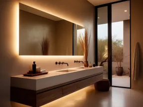 Modern bathroom with warm backlit mirror, double sink vanity, natural decor, and large glass door opening to outdoor space