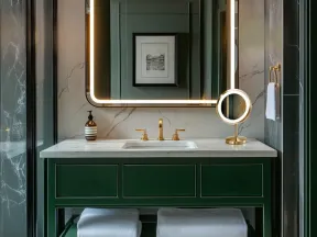 Modern bathroom with green vanity, illuminated rectangular mirror, gold fixtures, and folded white towels on shelf