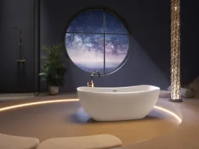 Modern freestanding bathtub in a dark bathroom with round window showing starry night sky, plant, and ambient lighting.
