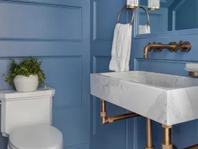 Modern blue bathroom with white toilet, marble sink, brass fixtures, patterned floor tiles, and a potted plant.