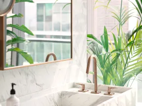 Modern bathroom sink with marble countertop, gold faucet, large mirror, and green plants by window.
