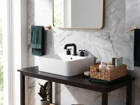 Modern bathroom sink with black faucet on wooden counter, marble wall, green towels, and decorative storage baskets