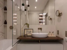 Modern bathroom with floating vanity, round vessel sink, wooden countertop, and large mirror with pendant lights.