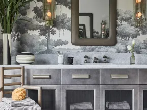 Modern bathroom vanity with gray cabinets, mesh doors, marble countertop, rectangular mirror, and wall mural of trees.