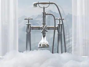 Modern silver bathtub faucet with handheld shower and foam bubbles against mountain and curtain backdrop
