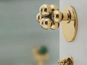 Modern gold metal knobs with spherical design mounted on white door or cabinet.