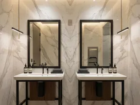Modern bathroom with dual sinks, black-framed mirrors, marble walls, and minimalist pendant lights.