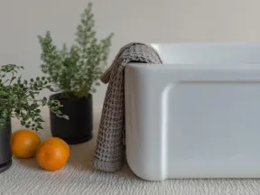 Whites ceramic sink with grey towel draped over edge, oranges, and potted green plants on textured surface.