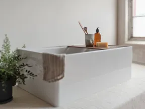 Modern white bathtub with bath accessories and a towel in a bright, minimalist bathroom with a potted plant.