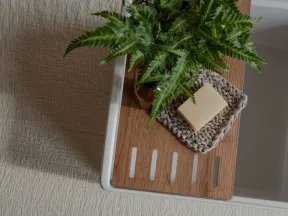 Top view of a bathtub with wooden tray holding a green fern plant and a soap bar on a knitted holder.