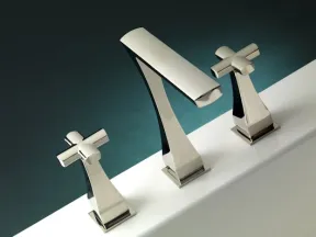 Modern chrome faucet and dual cross-handle taps mounted on a white bathtub edge with teal background.