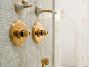 Elegant gold and white bathroom shower controls and hand shower against a tiled wall with decorative floor and door.