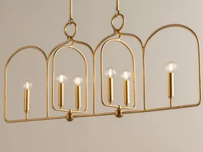 Modern gold metal pendant chandelier with six exposed bulb fixtures in geometric arch frame design.