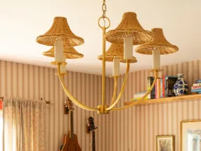 Cozy room with wicker chandelier, string instruments on wall, potted plant, striped wallpaper, and books on shelf.