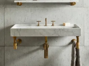 Modern marble sink with brass fixtures and a towel, concrete wall and floating marble shelf with flowers and container.
