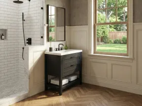 Modern bathroom with black vanity, white subway tile shower, large window, and herringbone wood floor.